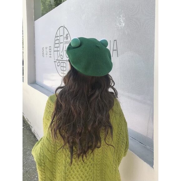 2568 Women Handmade Green Frog Eyes Balls Beret Hat Soft Wool Cap Winter main image 5